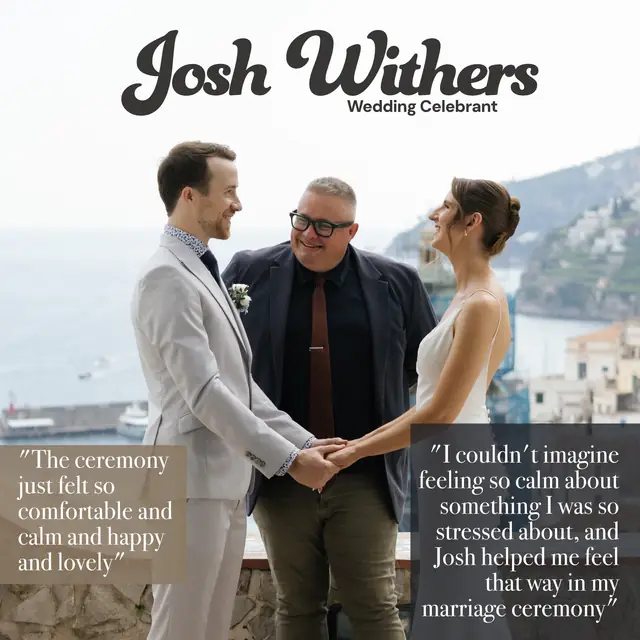 Josh Withers smiling between a newly married couple holding hands at a coastal ceremony. Two testimonials say the ceremony felt comfortable, calm, happy and lovely, and that Josh helped make a stressful ceremony feel calm.
